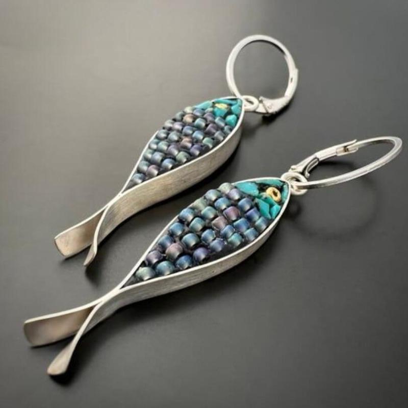Vintage Personality  Silver Color Metal Carving Multicolour Fish Dangle Earrings for Women Party Ethnic