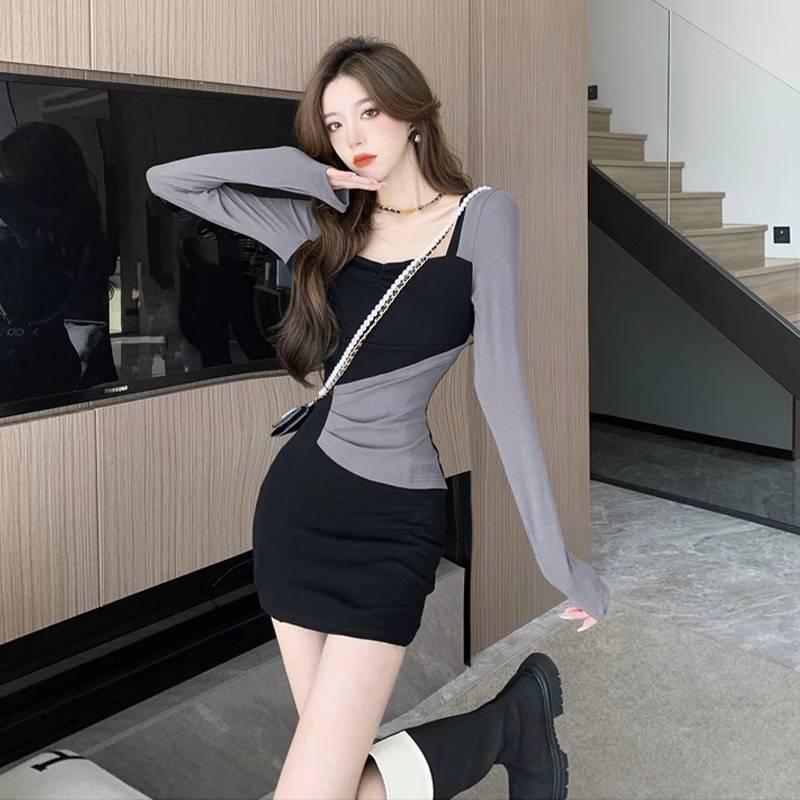 

Spicy Girl Contrast Patchwork Slim Fit Square Neck Dress - Early Spring Waist-Cinching Hip-Hugging Pleated Mini Skirt Large чёрный