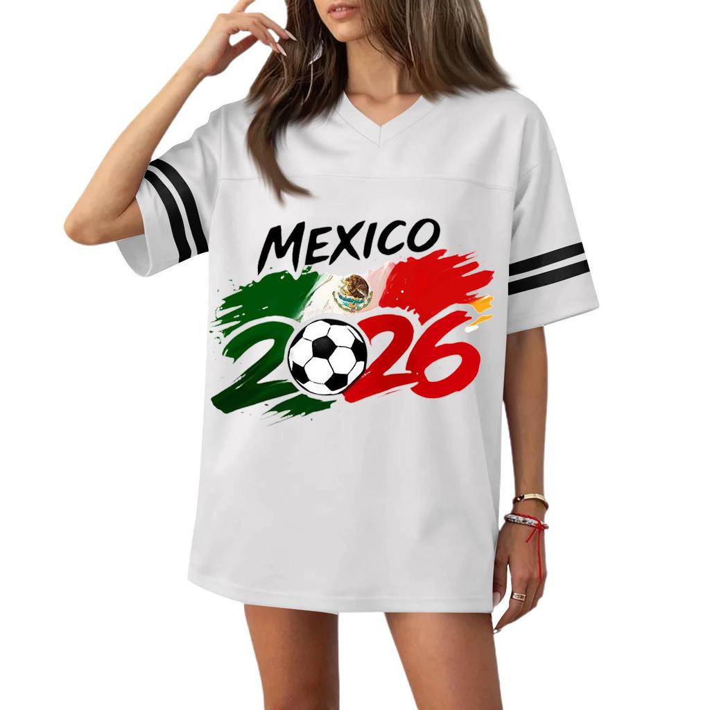 Women V Neck Short Sleeve Soccer Jersey Style Top with Football Flag Print Casual Loose Fit T Shirt for Sports and