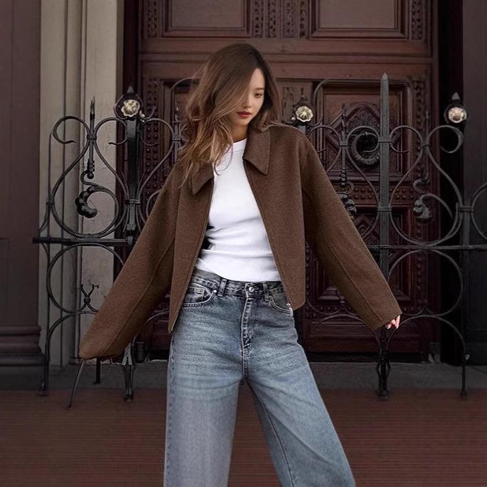 Women's Turn-Down Collar Long Sleeve Zipper Jacket - Autumn/Winter Fashion, European & American Style, Loose Casual Fit.