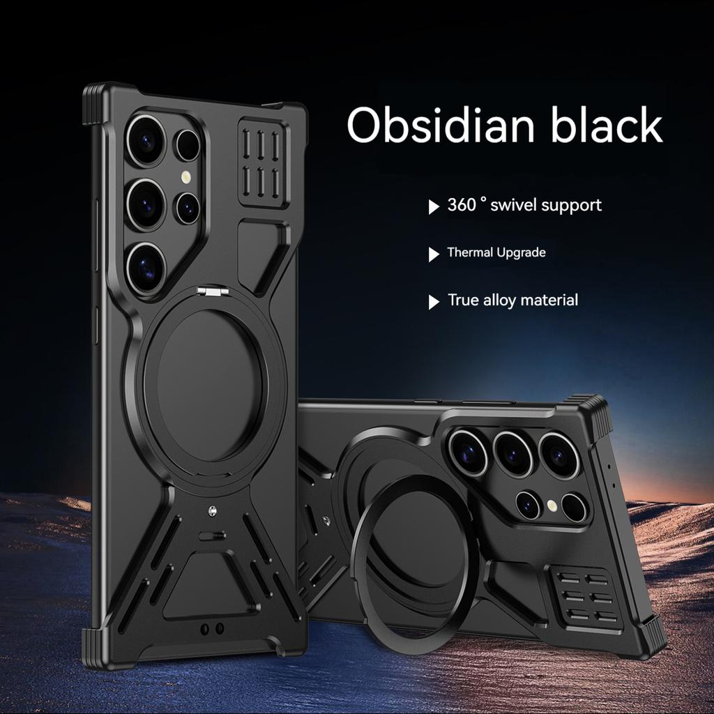 Rahmenlose Handyhülle aus Titanlegierung für Samsung Galaxy S25, S24, S23 Ultra, Bumper aus Aluminiumlegierung mit magnetischer Drehhalterung