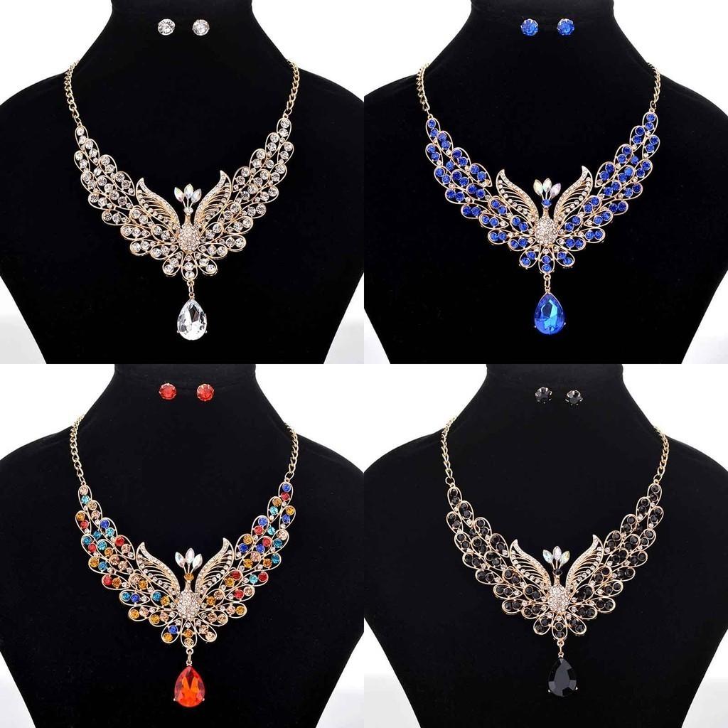 Luxurious Retro Peacock Necklace And Ear Studs Rhinestone Jewelry Set For Women