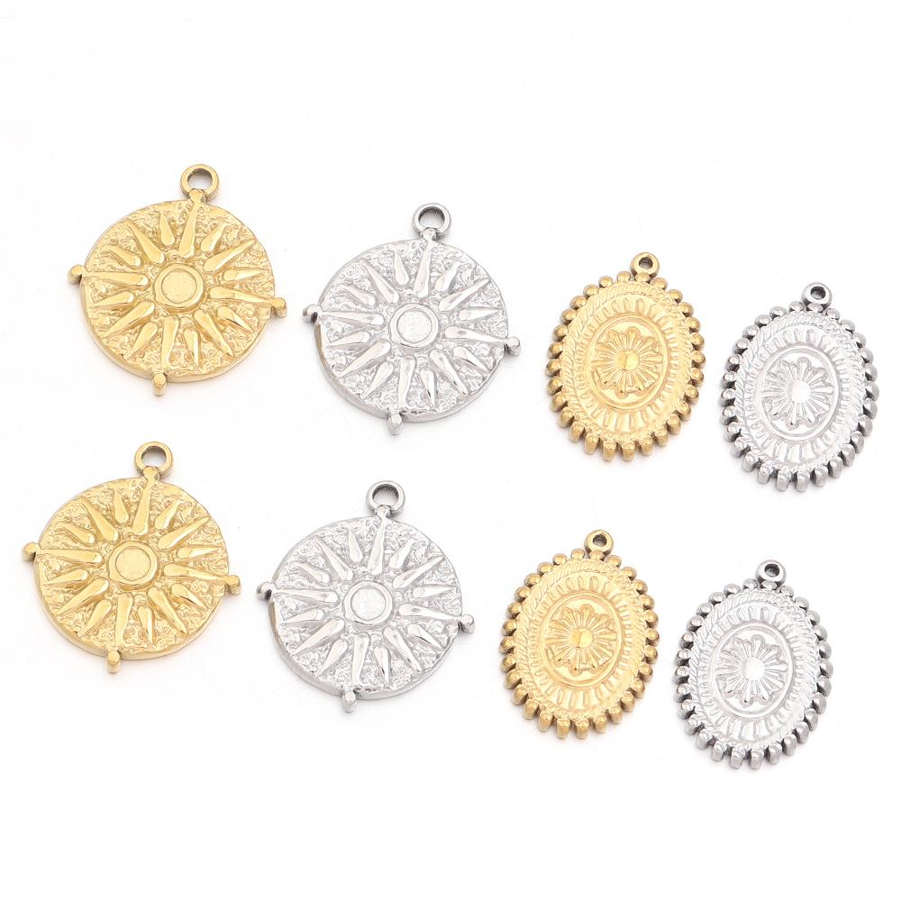 2Pcs/Lot Stainless Steel Charms Vintage Round/Oval Sun Pendants For DIY Necklace Bracelet Earrings Jewelry Making Accessories