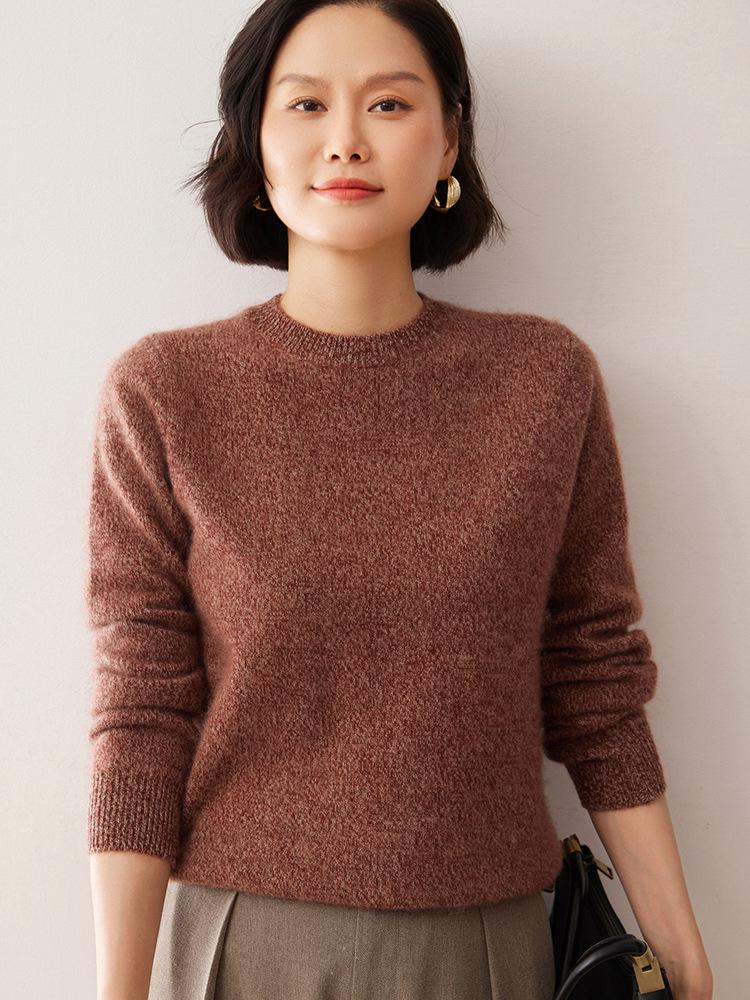 Women's Loose Fit Cashmere Sweater – Flower Yarn Round Neck Long Sleeve Pullover