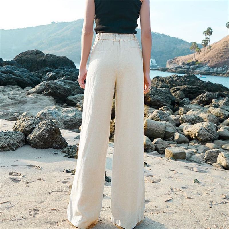 Damen Baumwoll-Leinen Hose mit hohem Bund und weitem Bein - Sommer Casual, lockere Passform, gerader Fall
