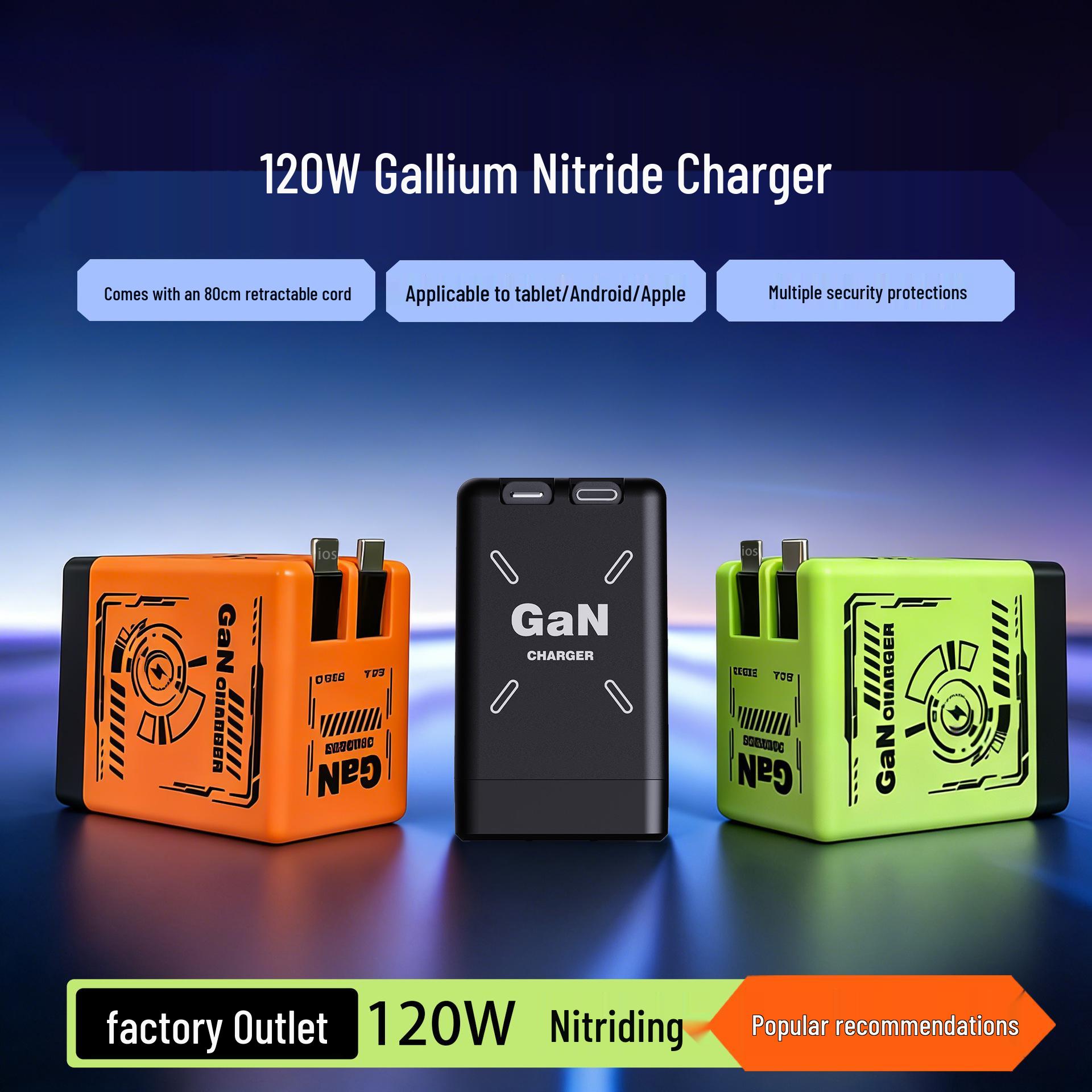 

120W GaN Flash Charger with Dual Type-C Retractable Cables for Huawei & Apple PD UK 120W GaN Charger помаранчевий