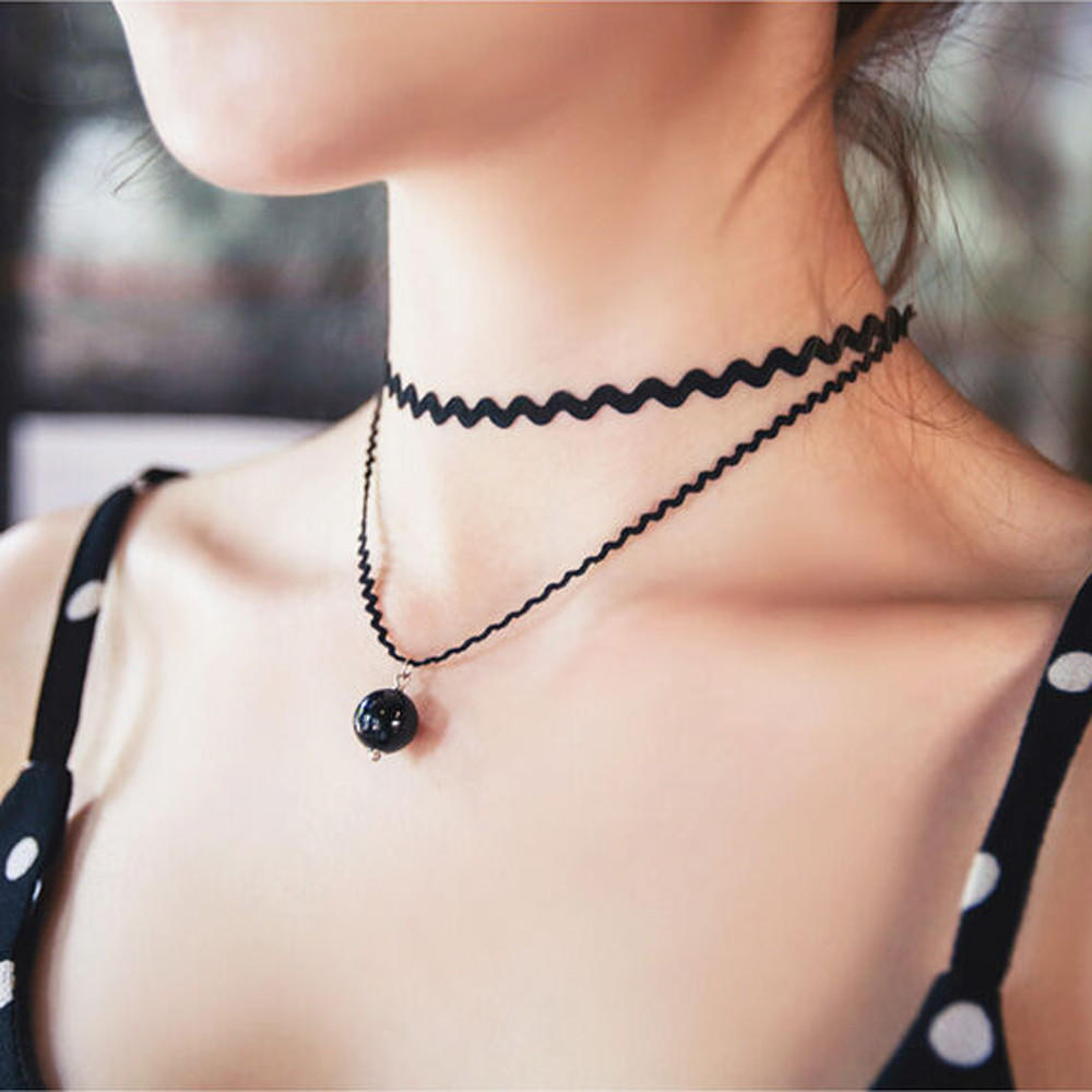 

Elegant black lace Choker Pearl Double Clavicle Necklace Waves Short Chain NEW