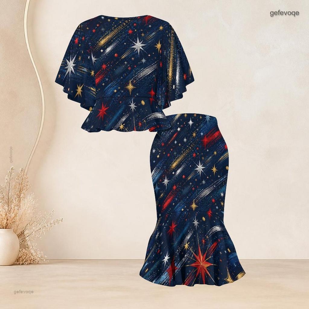 Women Plus Size Two Piece Outfit Round Neck Batwing Sleeve Ruffle Hem Top Fishtail Skirt Printed Red Navy Blue