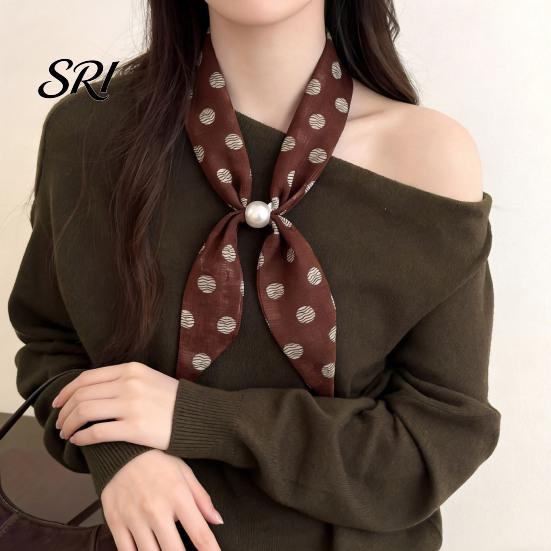Satin Neck Scarf Women Imitation Pearl Buckle One-Piece Design Lightweight Chiffon Breathable Summer French Retro Black White Dot Collar Decorative