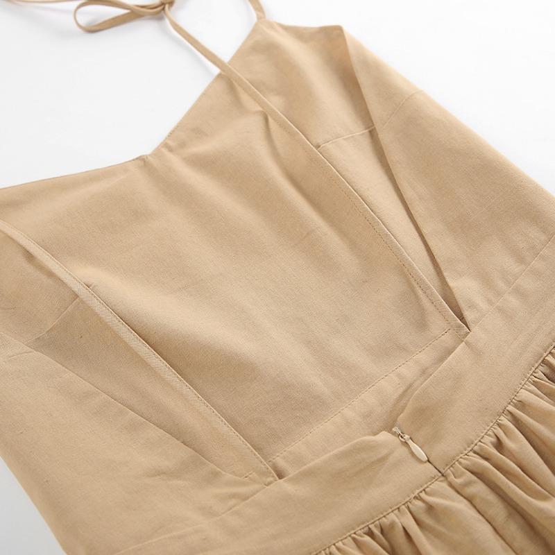 French Khaki Cotton Linen Breathable Halter High Waisted Dress Holiday Style Long Skirt Woman