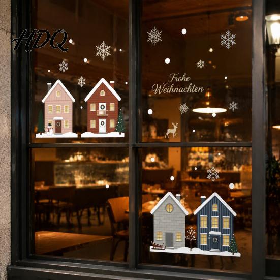 Elk Fir Tree Stickers 2Pcs Christmas Snowy House Static Window Clings, Snowflake Deer Glass Reusable Festive Decals Decals, No-Adhesive for Home Cafe