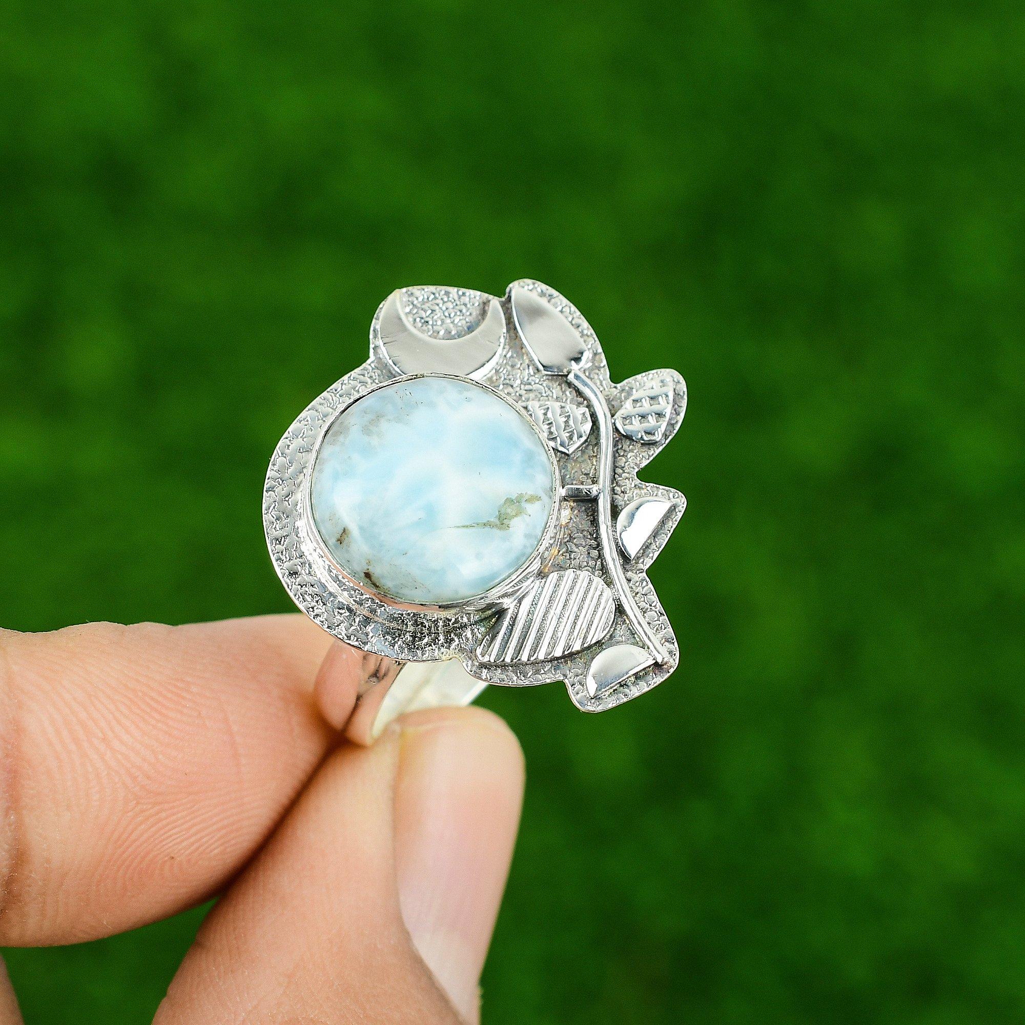 

Кольцо из стерлингового серебра 925 пробы с круглым камнем ларимар, уникальная оправа в виде полумесяца, можно носить в стопке Adjustable