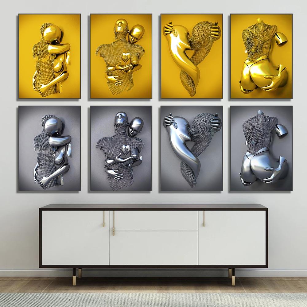 Love Couples Poster 3D Metal Figure Statue Canvas Painting Human Body Sculpture Wall Art Printing Picture for Home Room Decor