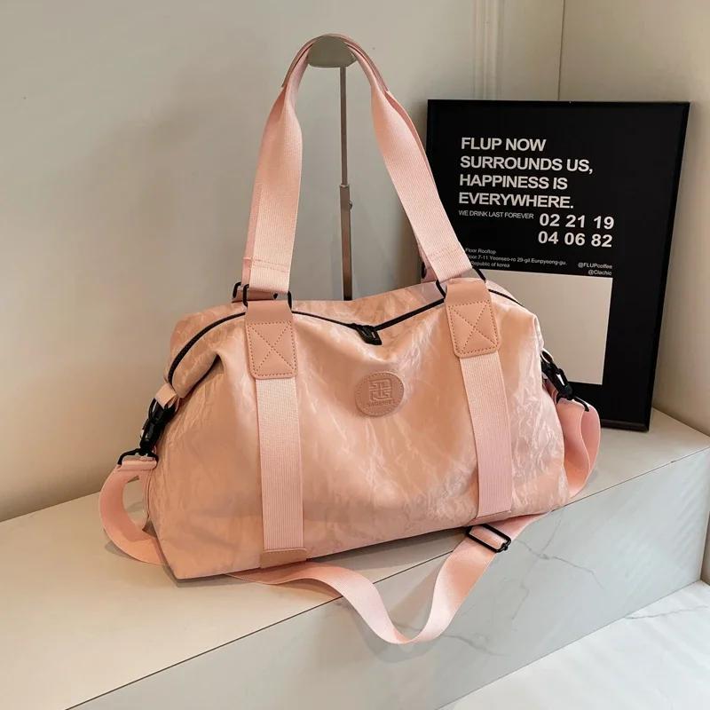 Large Capacity Solid Color PU Zipper Travel Bag  Versatile Casual Shoulder Bag Sweet Soft Trendy Travel Duffels