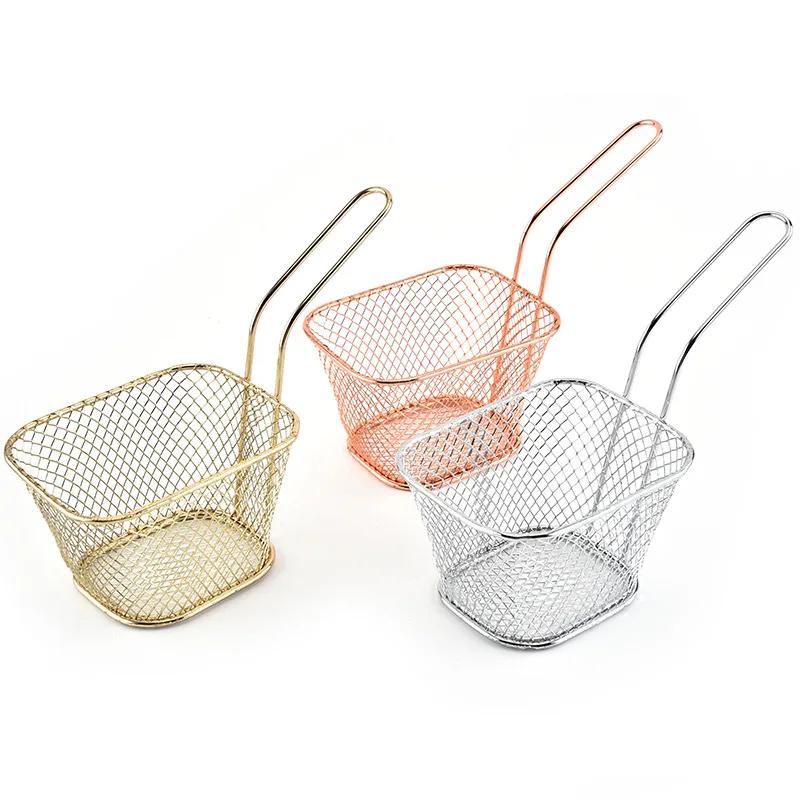 Mini Square Fry Basket Metal French Fries Chips Holder with Handle Desk Food Presentation Mesh Basket Kitchen Accessories Tools