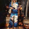 Women's Casual 2 Piece Outfit Set Printed 3/4 Sleeve Button Down Top Wide Leg Pants Wear