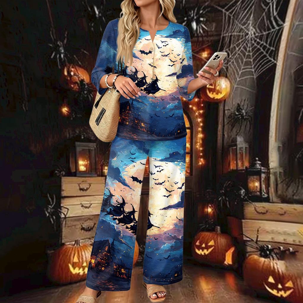 Women's Casual 2 Piece Outfit Set Printed 3/4 Sleeve Button Down Top Wide Leg Pants Wear