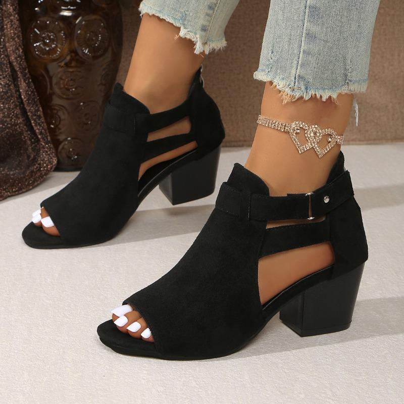 Women's Chunky Heel Open-Toe Sandals with Ankle Strap & Zipper Closure - Black Fabric Upper, Synthetic Cover Insole & Rubber Sole for Casual To Formal
