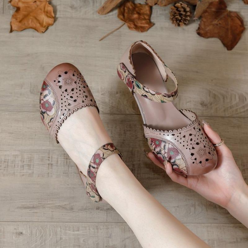 New Women Leather Shoe Sandals High Heel Summer Soft Sole Beach Hollow Flowers Shoes Female Luxury Sandals Women Heeled Sandals