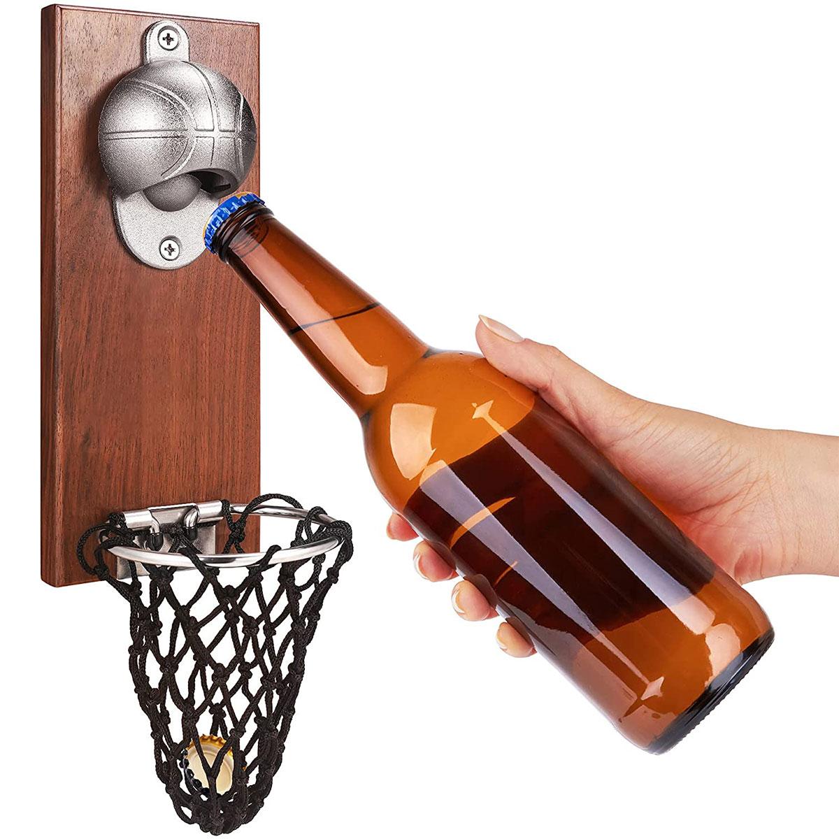 Wall Mounted Bottle Opener Magnetic Basketball Bottle Opener with Cap Catcher Collector Personalized Beer Bottle Opener