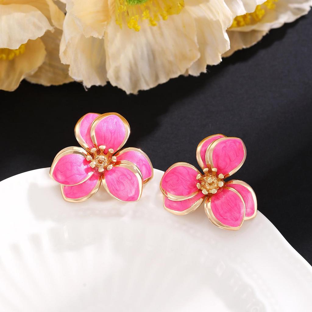 Colorful Drip Oil Flower Stud Earrings - Simple Double-Layer Petal Design for Women, Perfect for Spring and Summer