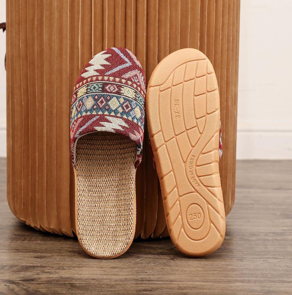 Ethnic Style Rhombus Bag Head Slippers Women's New Cloth Large Size Slippers Wholesale Linen Couple Comfortable Cotton and Linen Home