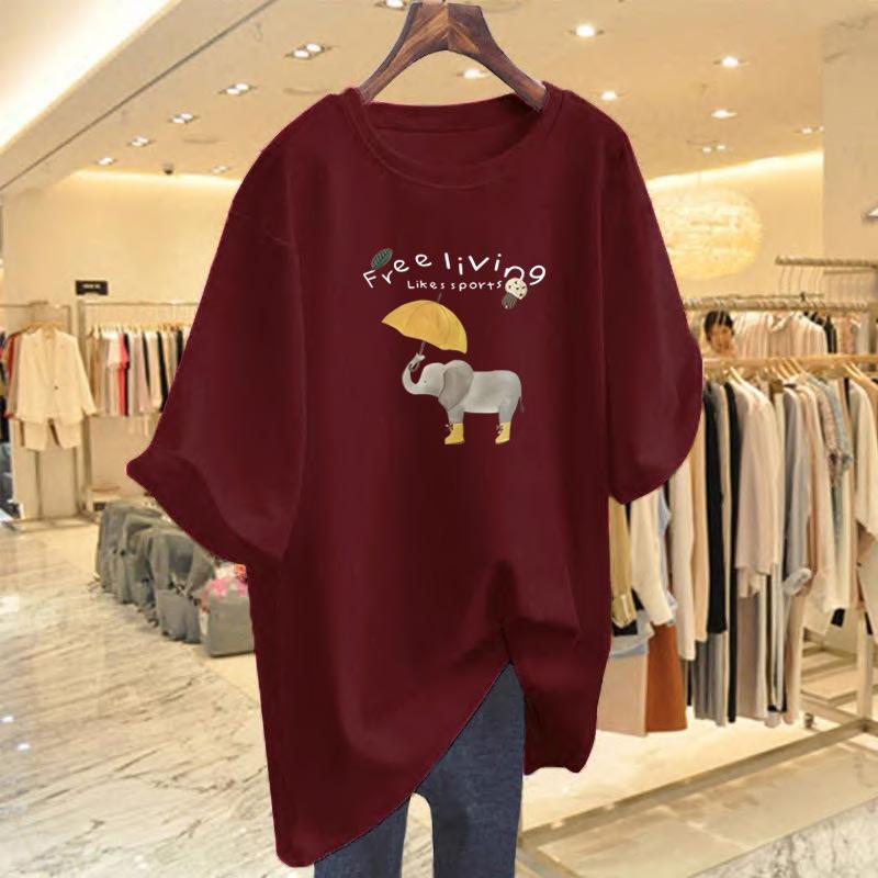 Umbrella baby elephant short-sleeved T-shirt women's summer new Korean simple and loose pure cotton non-sensory printing comfortable top