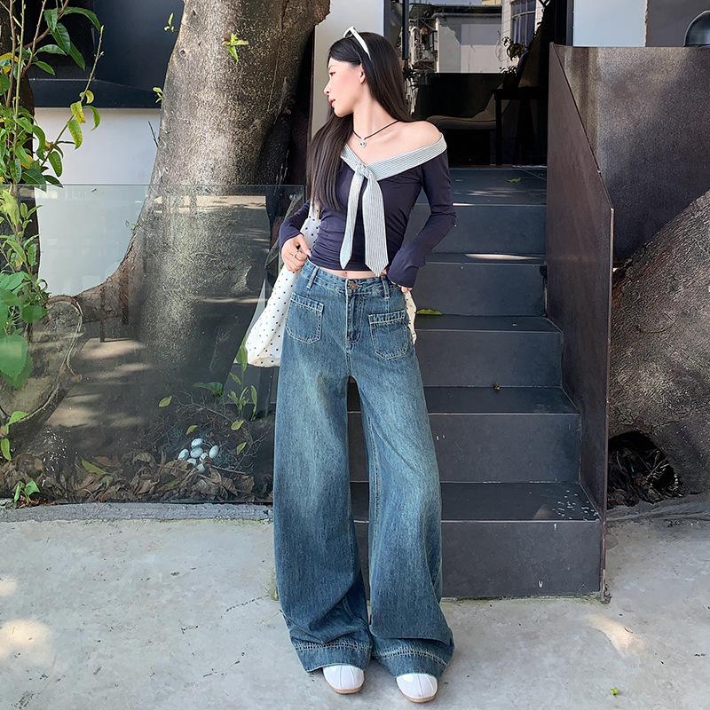 Denning wide-leg jeans women's autumn new high-waisted loose and thin dark blue narrow high-waisted straight pants tide