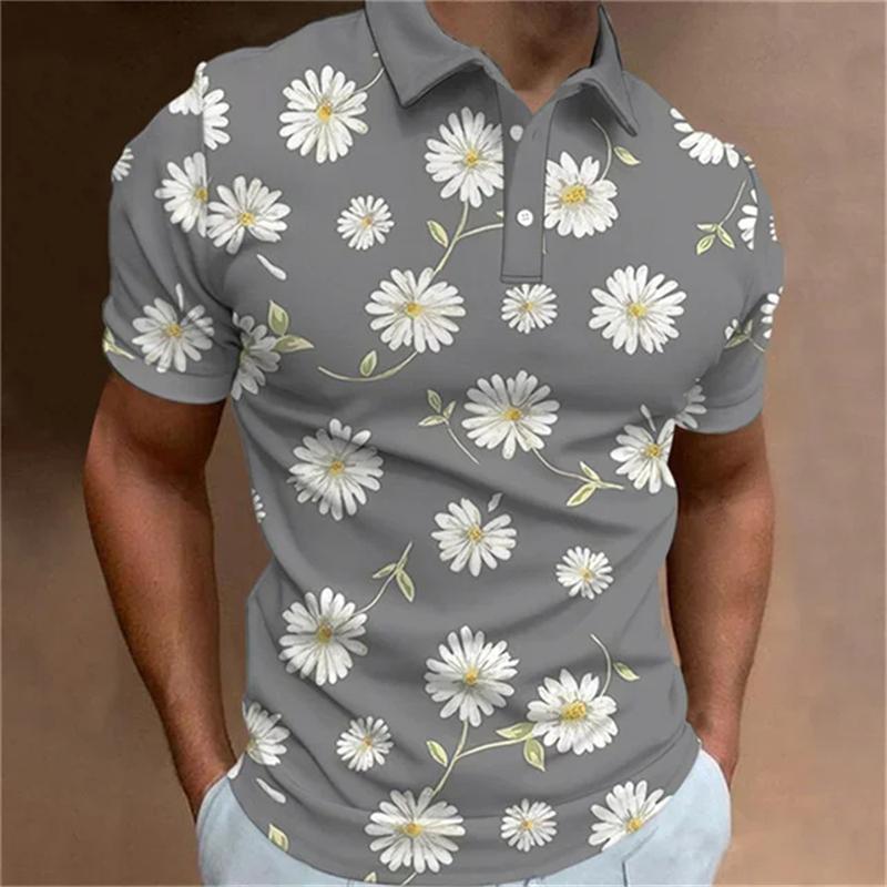 Fashionable men's polo shirt 3D printed flower pattern button lapel short sleeved top