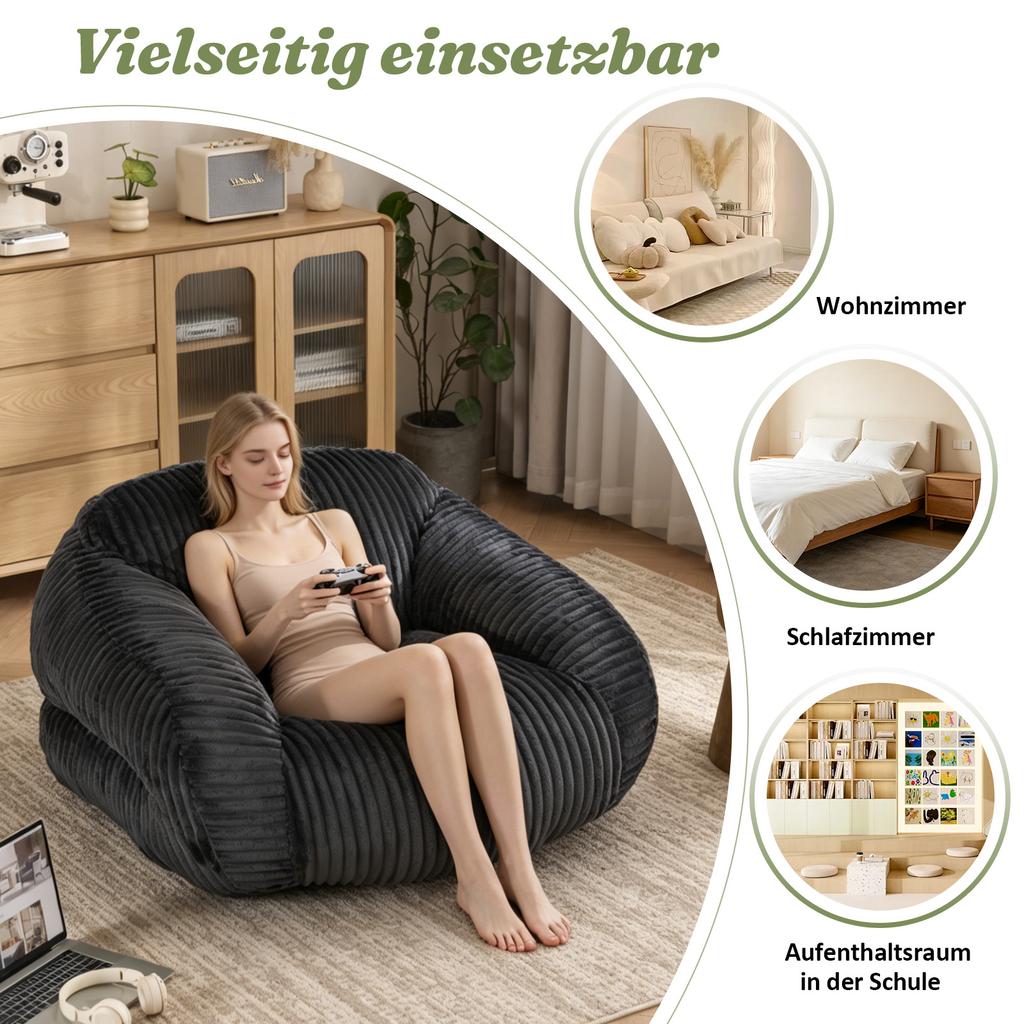 Bean Bag Chair for Adults, Fluffy Corduroy Lounge Chair, Vacuum-Packed and Assembly-Free, for Living Room, Bedroom, Balcony(Dark Grey)