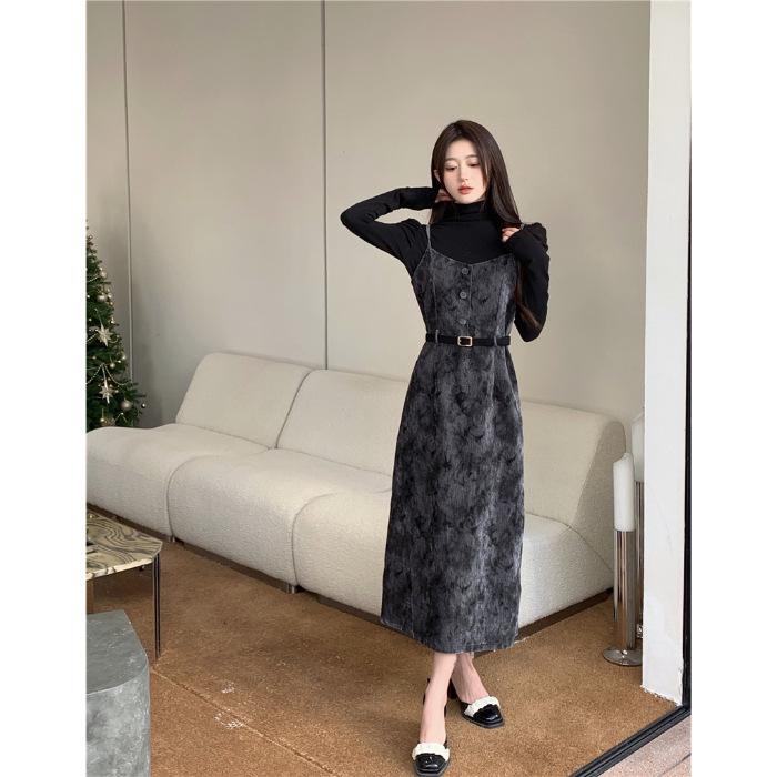 

Women s Plus Size Retro Tie-Dye Spaghetti Strap Dress with Half-High Collar, High-End Two-Piece Set for Spring and Autumn XL