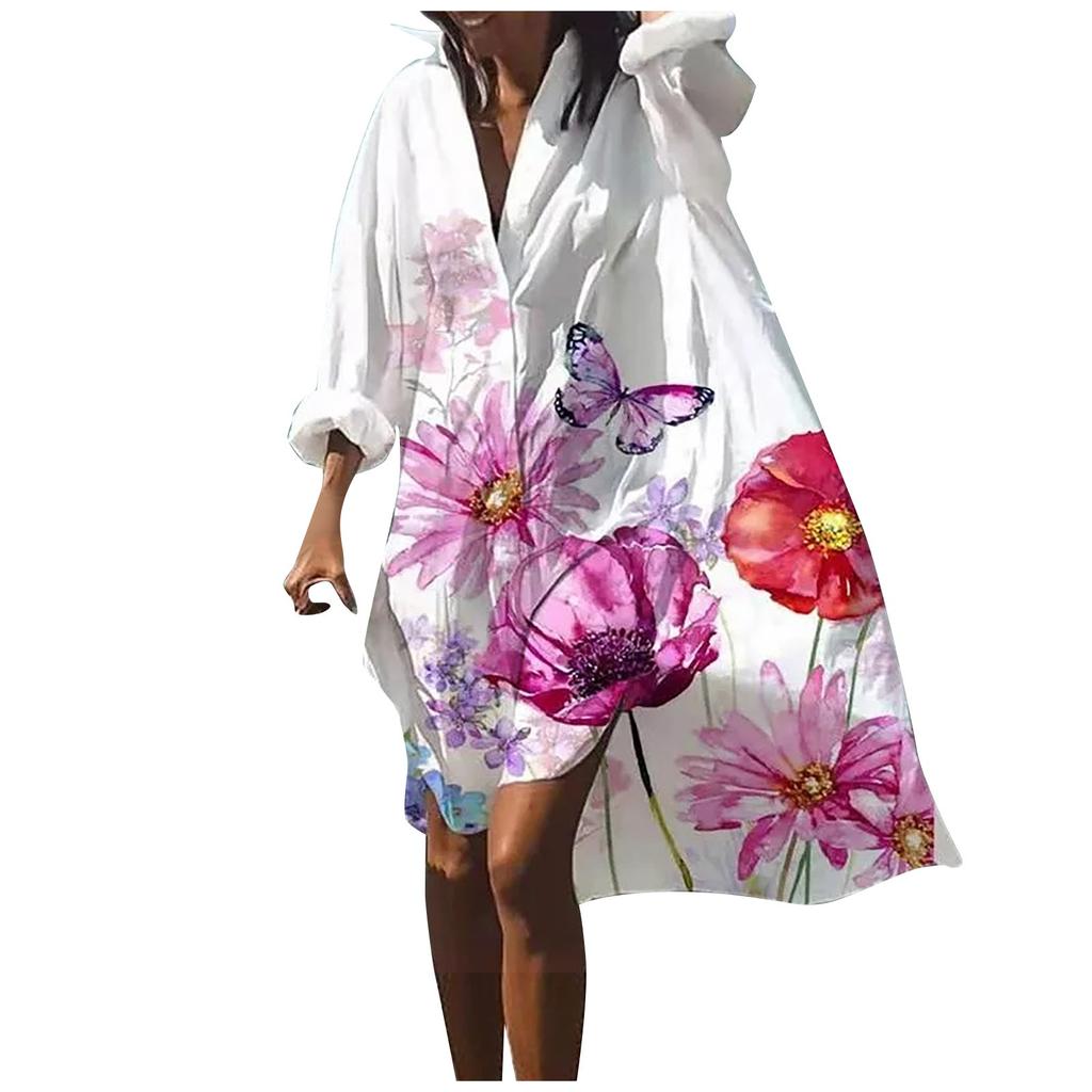 Fashion Women Floral Print Long Sleeves Buttons Cardigan Loose Shirt Dress