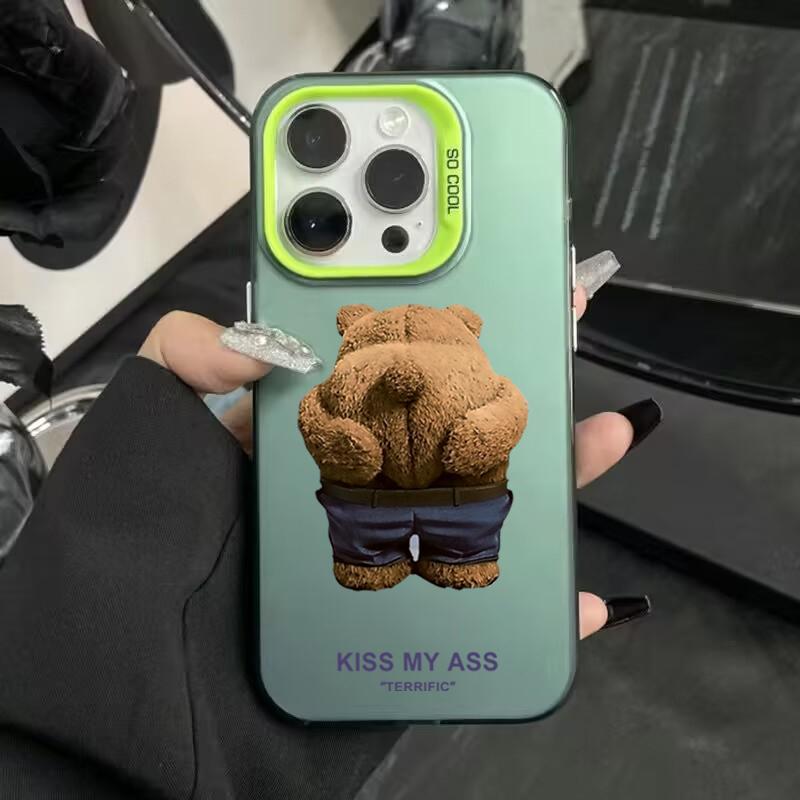 Cute Cartoon Brown Bear Electroplate Silver IMD Phone Case For iPhone 16 11 12 13 14 15 Pro Max 7 8 Plus 16E XS Shockproof Cover