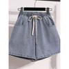 European and American Summer Students Plus size women clothing Drawstring Simple A Word Covering Loose Wide Leg Demin shorts Hot Pants S-5XL