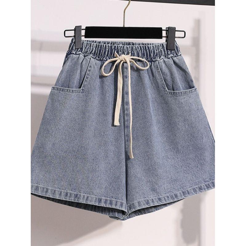 European and American Summer Students Plus size women clothing Drawstring Simple A Word Covering Loose Wide Leg Demin shorts Hot Pants S-5XL