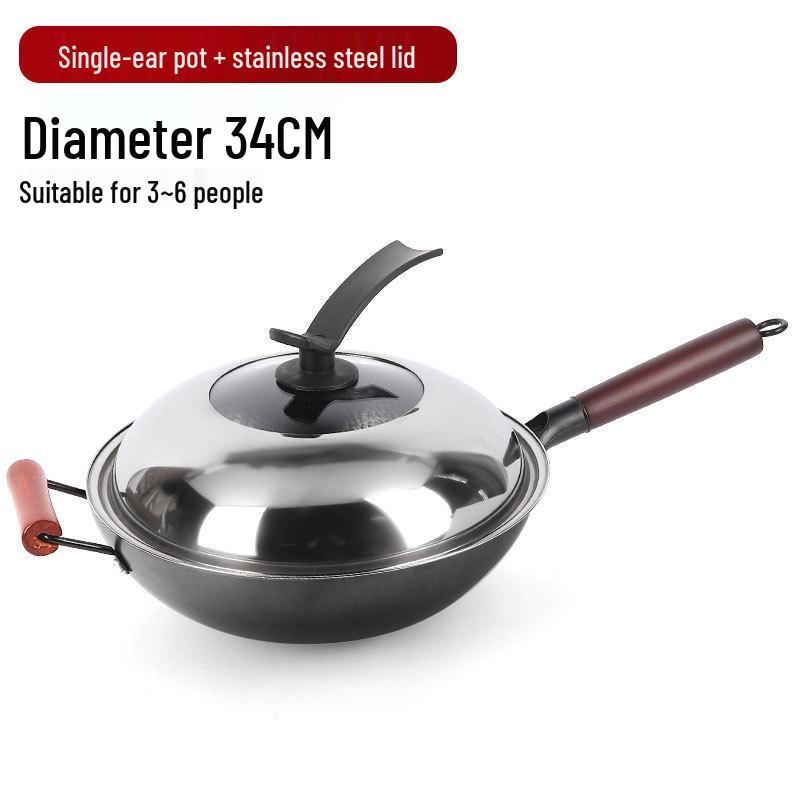 Uncoated Hand-Hammered Forged Iron Wok with Non-Stick Surface and Stir-Fry Spatula for Open Flame Household Cooking