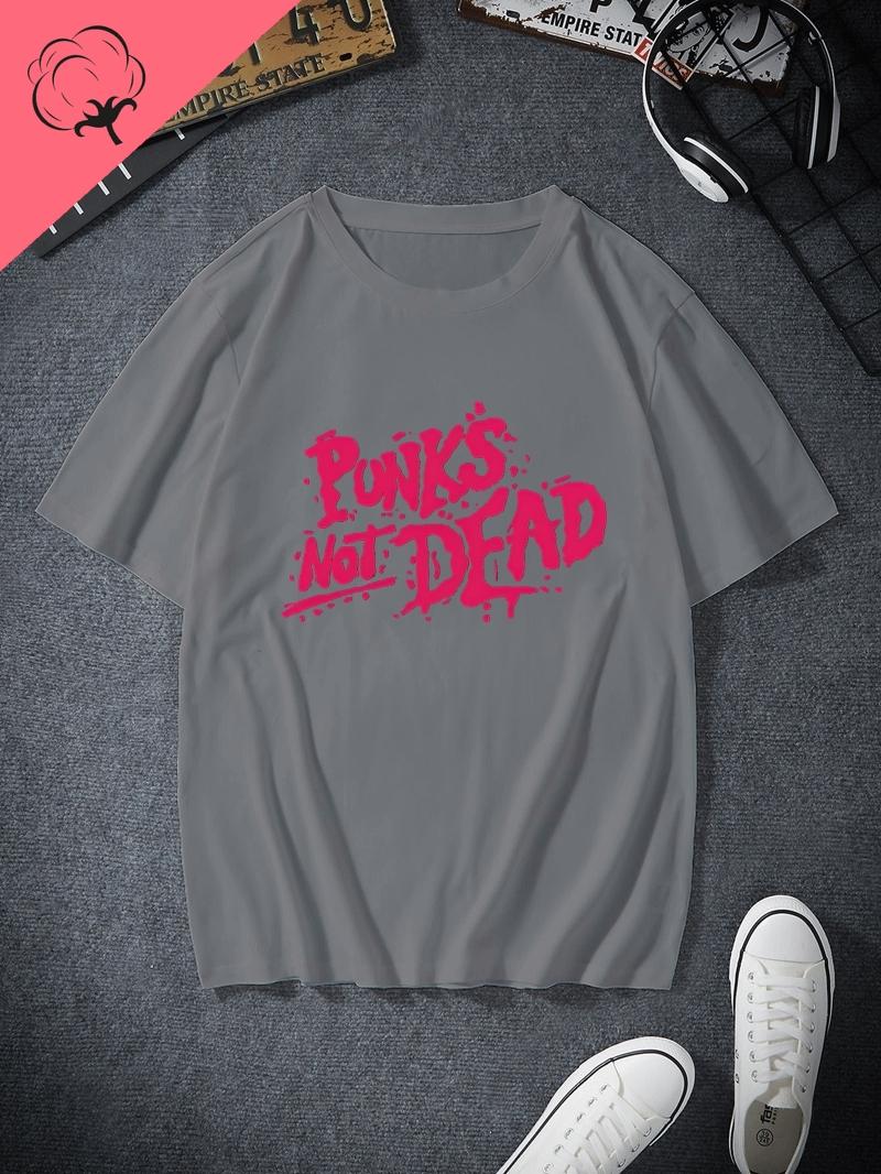 PUNK S NOT DEAD Retro Punk Music Letter Patterned Print Fashion T-Shirt, Classic Rock Music Casual Cotton T-Shirt S