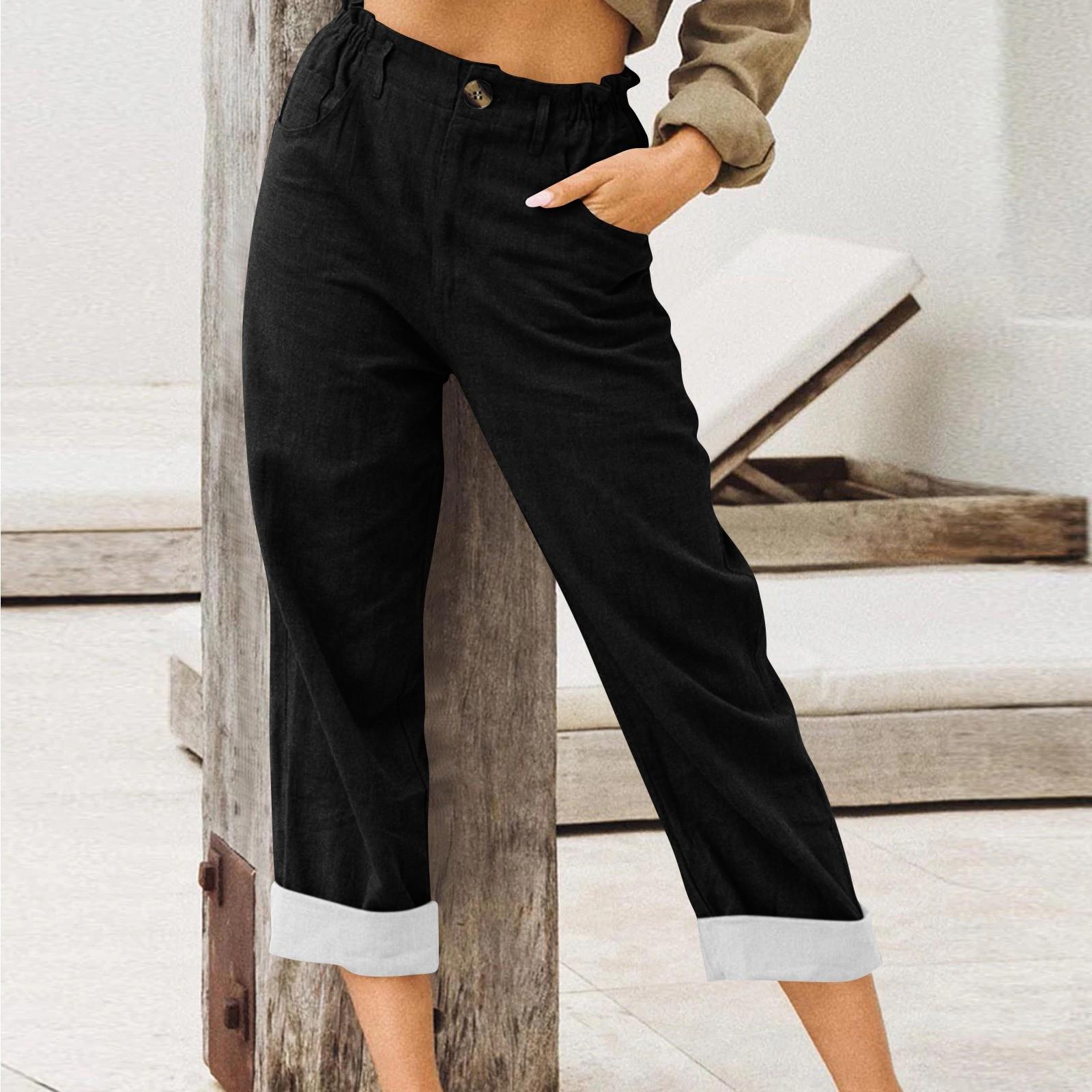 

Женские брюки летние широкие повседневные однотонные брюки с высокой талией и карманами L чёрный