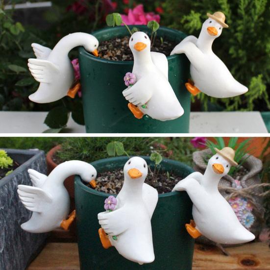 3 Pcs Cute Climbing Duck Garden Statue Funny Resin White Goose Flower Pot Hugger Outdoor Hanging Animal Figurine for Home Garden Patio Lawn Yard