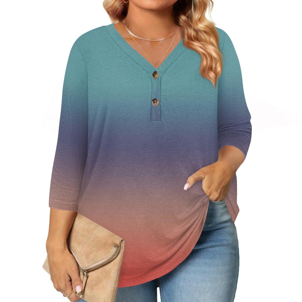 Womens 3/4 Length Sleeve Tops Plus Size Button Down V Neck Shirts Blouses Casual Printing Loose