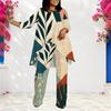 Women Plus Size Printed Round Neck Long Sleeve Layered Top Long Pants Two Piece Set