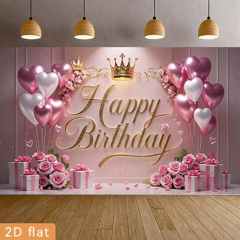 2D Elegant Pink Heart Balloon Happy Birthday Photography Background Banner