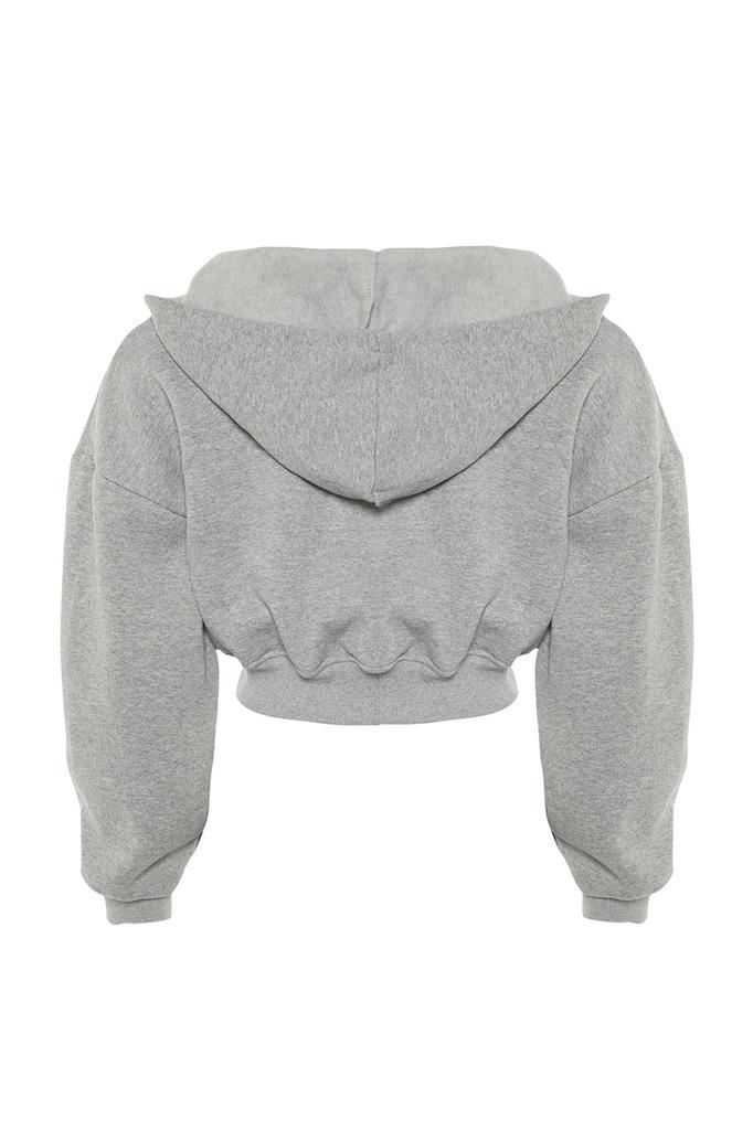 Women's Fashion Black Thick Fleece Hooded V-Neck Relaxed Cut Crop Knitted Sweatshirt