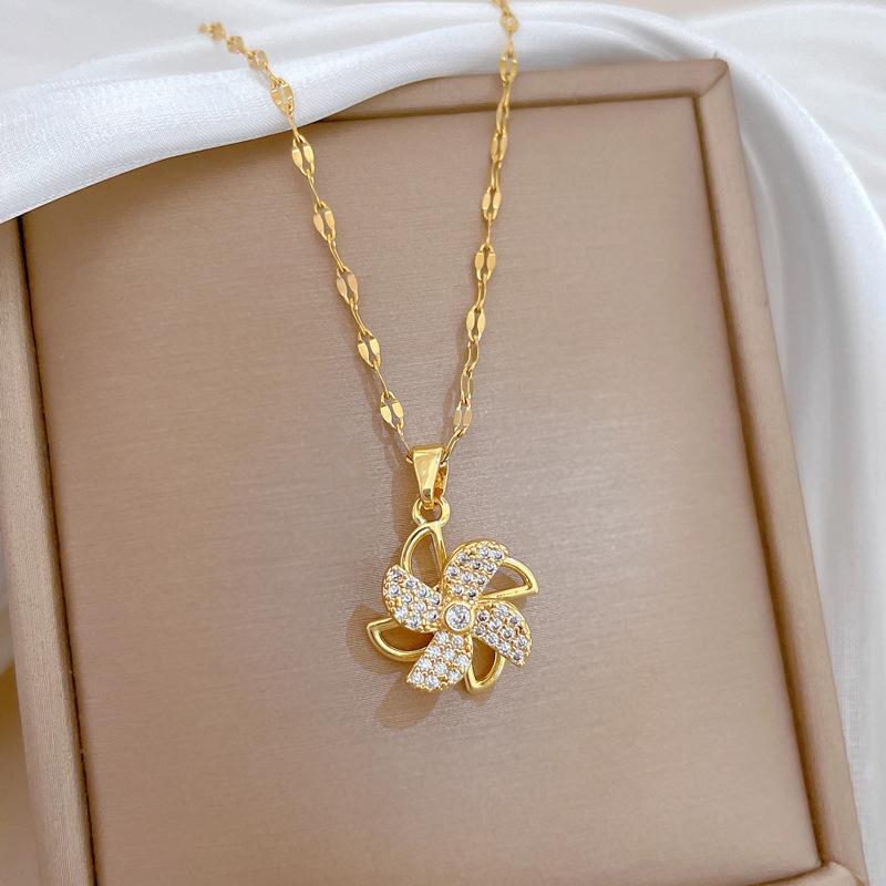 Titanium Steel Rotating Windmill Light Luxury Temperament Gorgeous Full Diamond Necklace Female Versatile Collarbone Chain Titanium Steel Chain