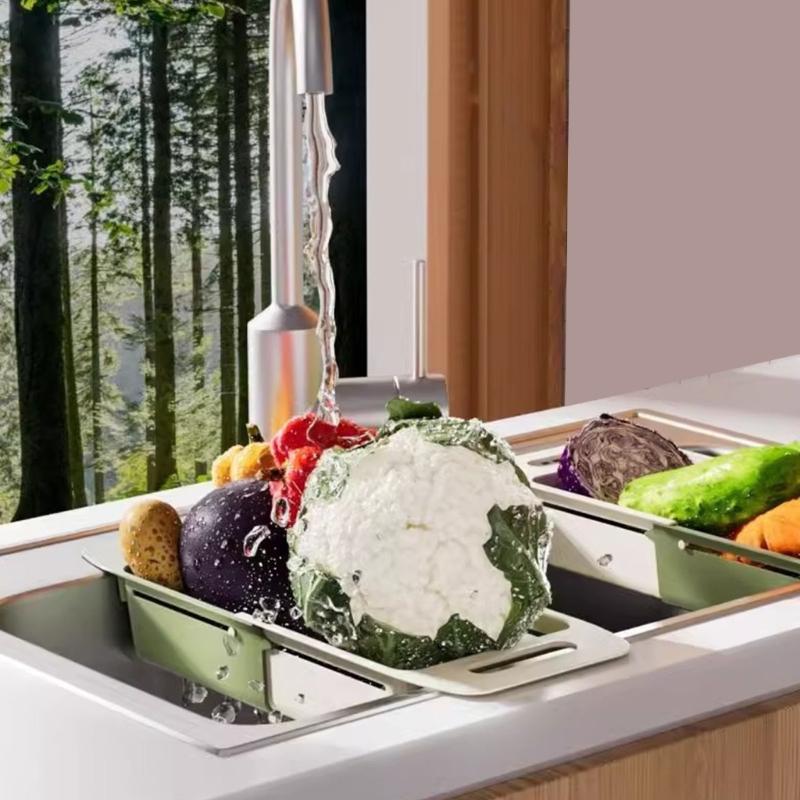Over the Sink Colander Plastic Strainer Basket for Fruit and Vegetable Washing Waterproof Kitchen Dish Storage Shelf
