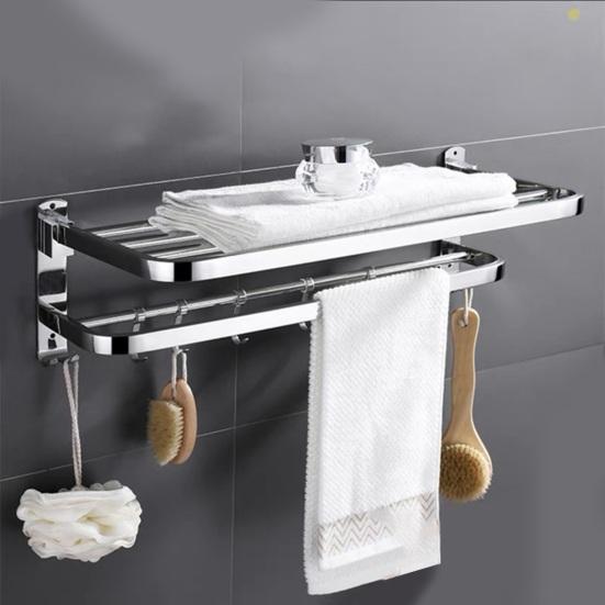 Towel Rack Foldable Towel Shelf with Movable Hooks Rustproof Wall