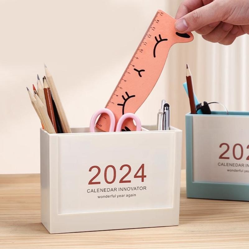 Multifunctional Desk Pencil Holder with 2024 Monthly Calendar, Office Desktop Organizer Pen Holder for Student Teacher