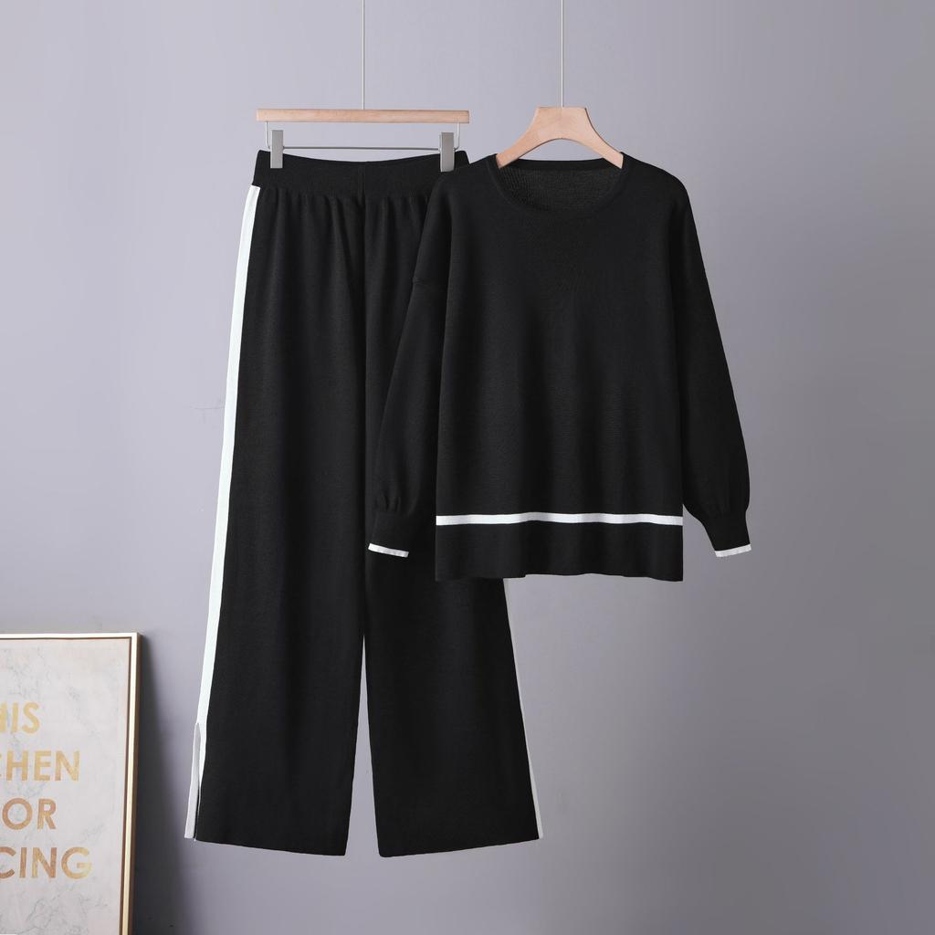 European and American popular knitted suit women's spring and autumn long-sleeved split-ended wide-leg pants sweater two-piece set