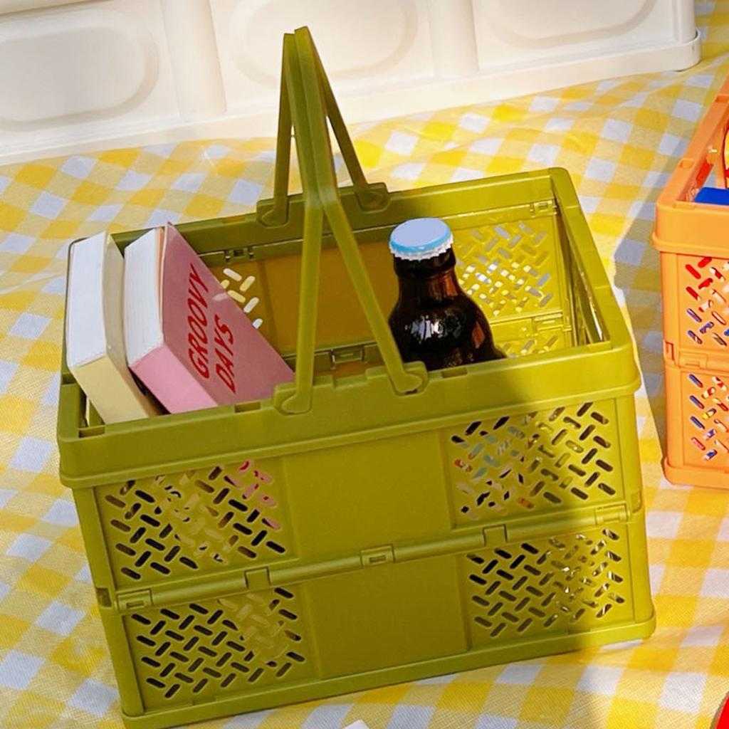 Folding Picnic Basket Stackable Storage Box Plastic Grocery Shopping Basket with Handles for Outdoor Home