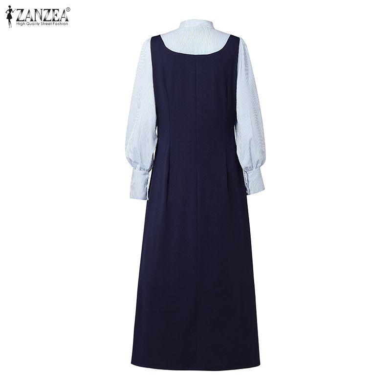 ZANZEA Women Casual Stripe Splice Long Sleeve Elegant Long Dress